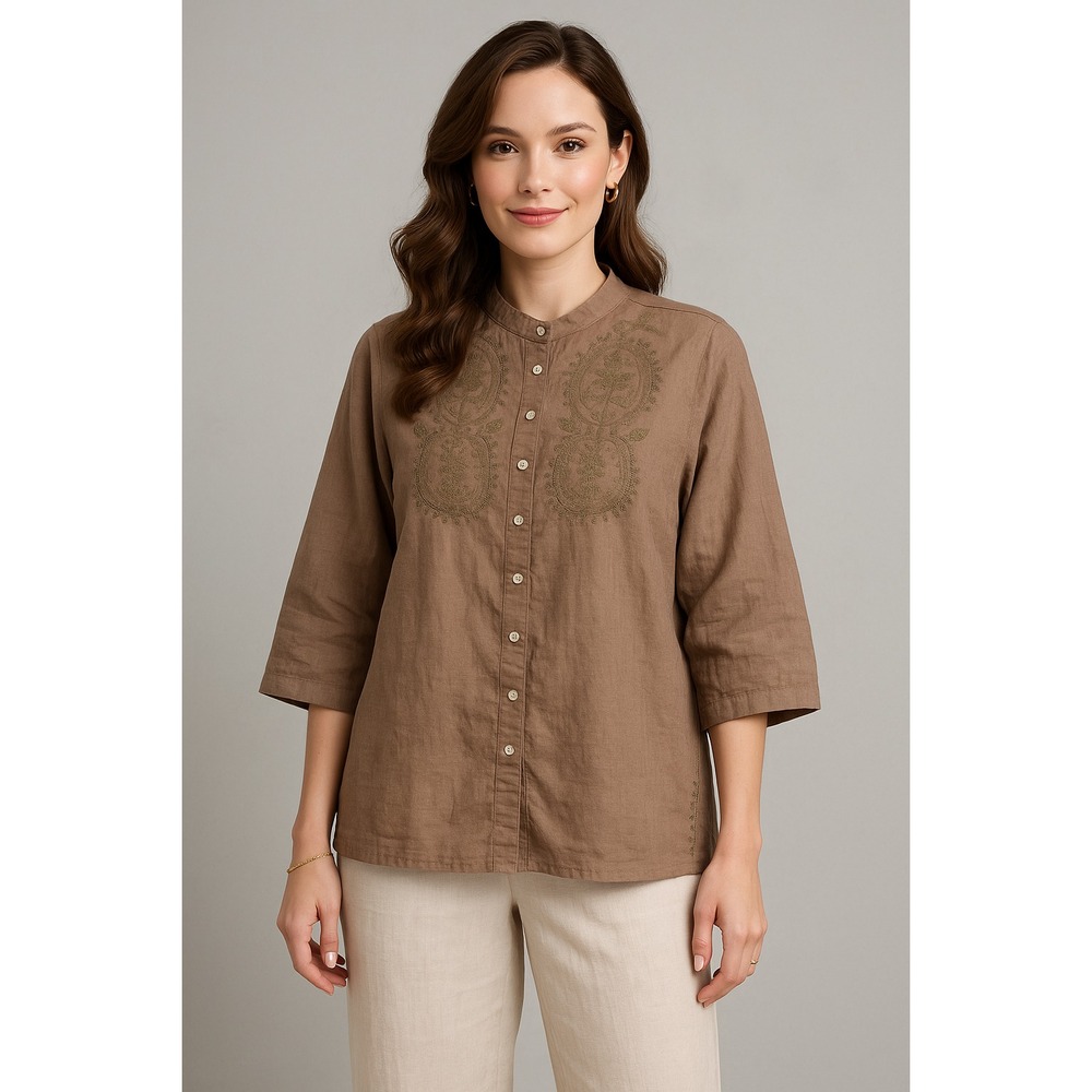 Edward Top Womens Plus Size‎ 2X Brown Irish Linen Lagom Embroidered Cottagecore